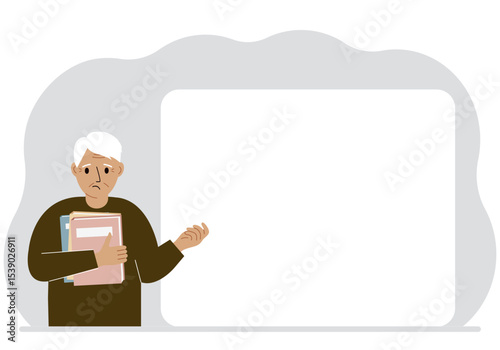 The man holds many books. Nearby is a large white poster for your text. Vector flat illustration.