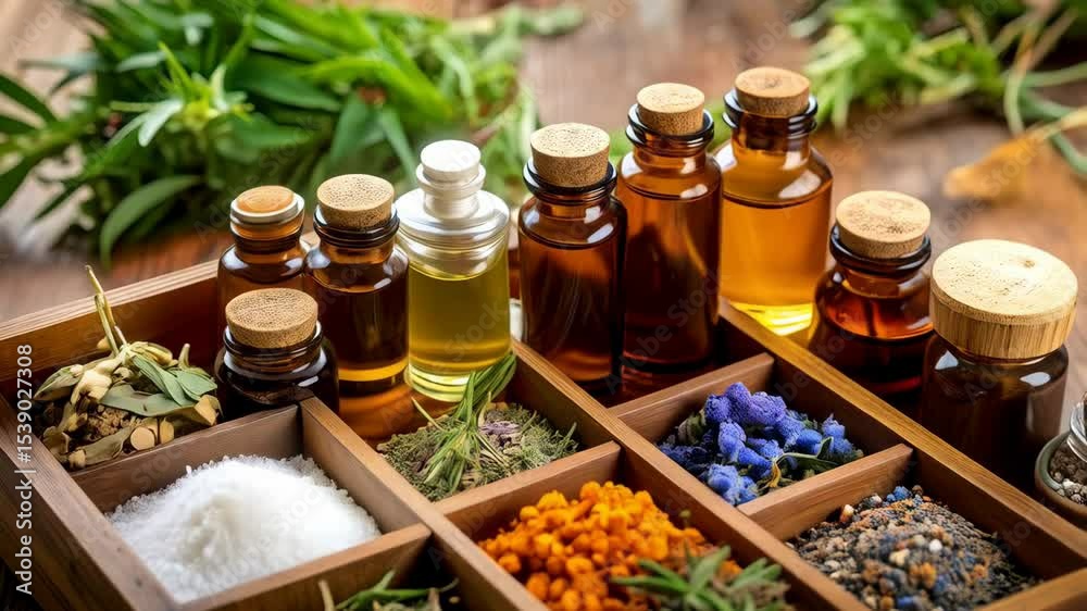 Assorted herbs and essential oil bottles organized in a rustic wooden box on a table, showcasing natural aromatherapy ingredients