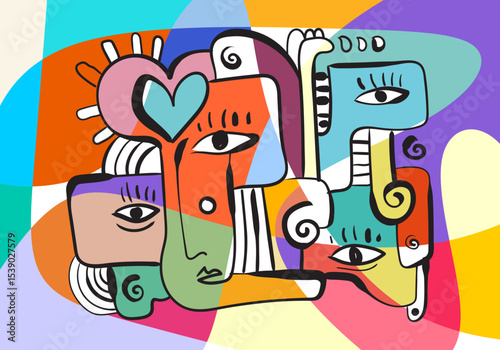 colorful abstract artwork featuring fragmented faces and organic shapes