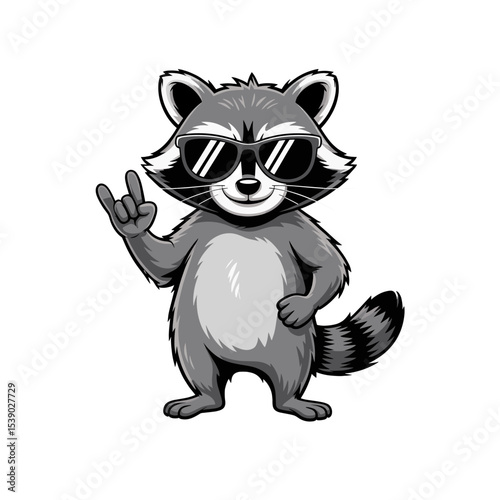 Cool cartoon raccoon character wearing sunglasses and flashing a rock hand sign