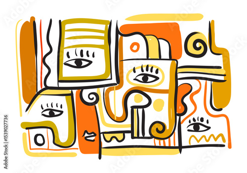 colorful abstract artwork featuring fragmented faces and organic shapes