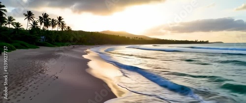 Aerial View of Beautiful Tropical Beach at Sunset in Dominican Republic