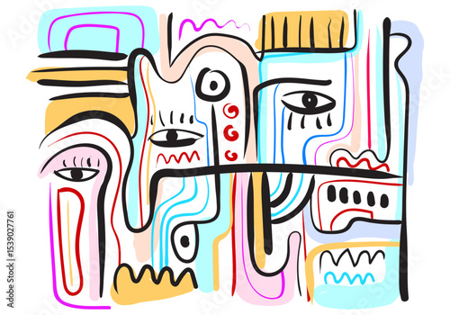 colorful abstract artwork featuring fragmented faces and organic shapes