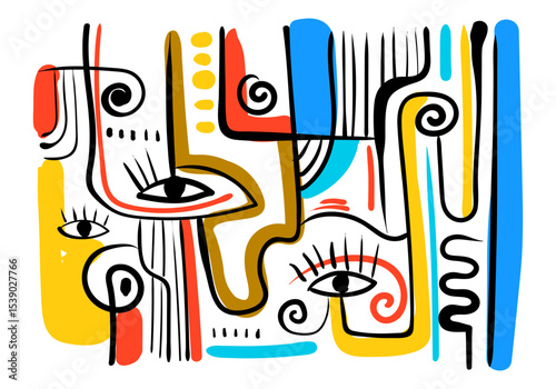 colorful abstract artwork featuring fragmented faces and organic shapes
