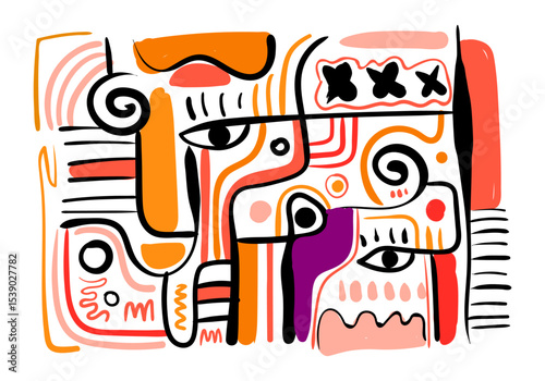 colorful abstract artwork featuring fragmented faces and organic shapes