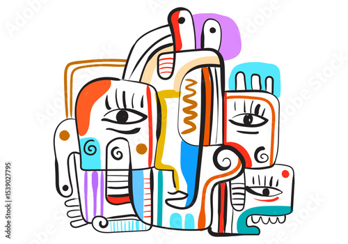 colorful abstract artwork featuring fragmented faces and organic shapes