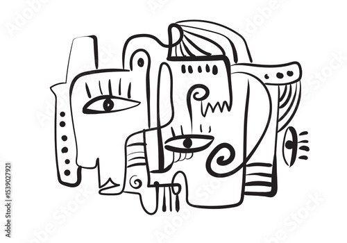 This highly expressive and somewhat chaotic abstract line drawing features multiple faces and eyes