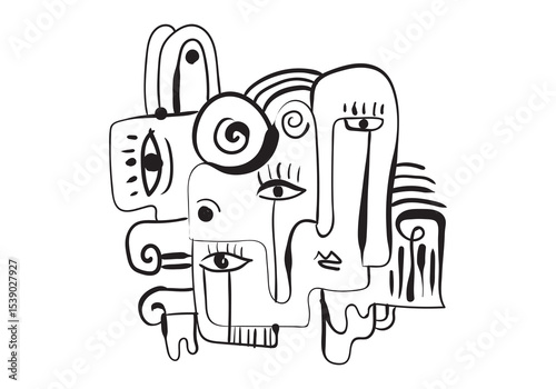 This highly expressive and somewhat chaotic abstract line drawing features multiple faces and eyes
