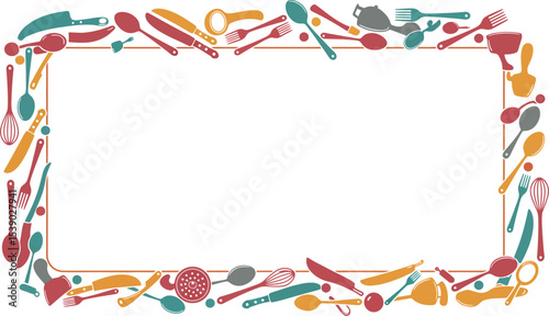Kitchen utensils frame border cooking tools background vector illustration design for menu and recipes editable stock vector illustration