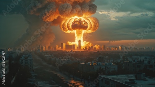 The image shows a devastating nuclear blast over a city, with a mushroom cloud rising into the sky.