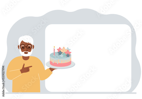 A man holds a cake in his hand. Nearby is a white poster for text. Birthday or holiday. Vector flat illustration