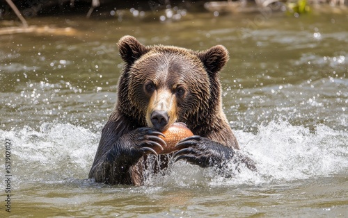 A grizzly bear stands in rushing river water, holding a freshly caught salmon in its powerful claws, surrounded by splashing droplets