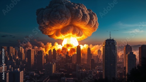 A nuclear explosion engulfs a city, creating a scene of devastation and chaos.