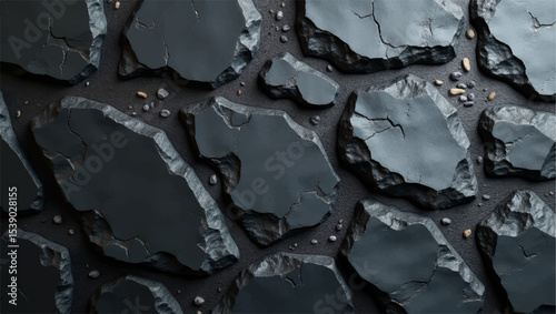 A dramatic,close-up shot of a textured black brick or stone wall,with strong,uneven lighting highlighting its rough,three-dimensional surface.The deep shadows and bright facets create a sense of depth