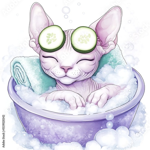  Cute Sphynx Cat Relaxing in a Bubble Bath with Cucumber Slices