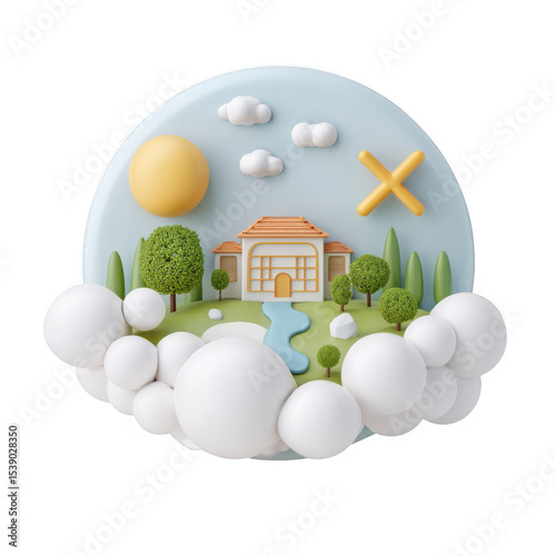 Cartoonish landscape with house, trees, clouds, sun and river, 3d rendering isolated on transparent background