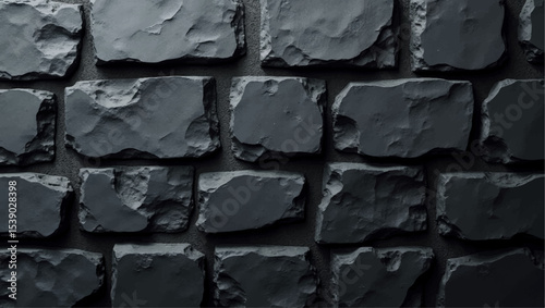 A dramatic,close-up shot of a textured black brick or stone wall,with strong,uneven lighting highlighting its rough,three-dimensional surface.The deep shadows and bright facets create a sense of depth