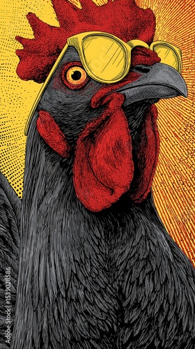 Cool Rooster with Yellow Sunglasses and Pop Art Style Background