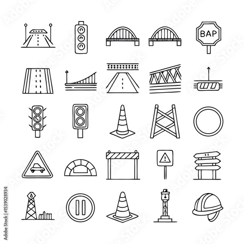 Editable Stroke Road Infrastructure Icons Collection | Thin Line Vector Set | Roadway, Bridge, Overpass, Roundabout, Traffic Signal, Signage, Lane Markings and Urban Transport Elements