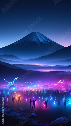 Nighttime Festival Scene Before Mount Fuji Silhouetted Figures Dancing Neon Lights Glowing Purple Pink Blue Colors Full H D 4 K Image Photo Picture Stock New Latest Download