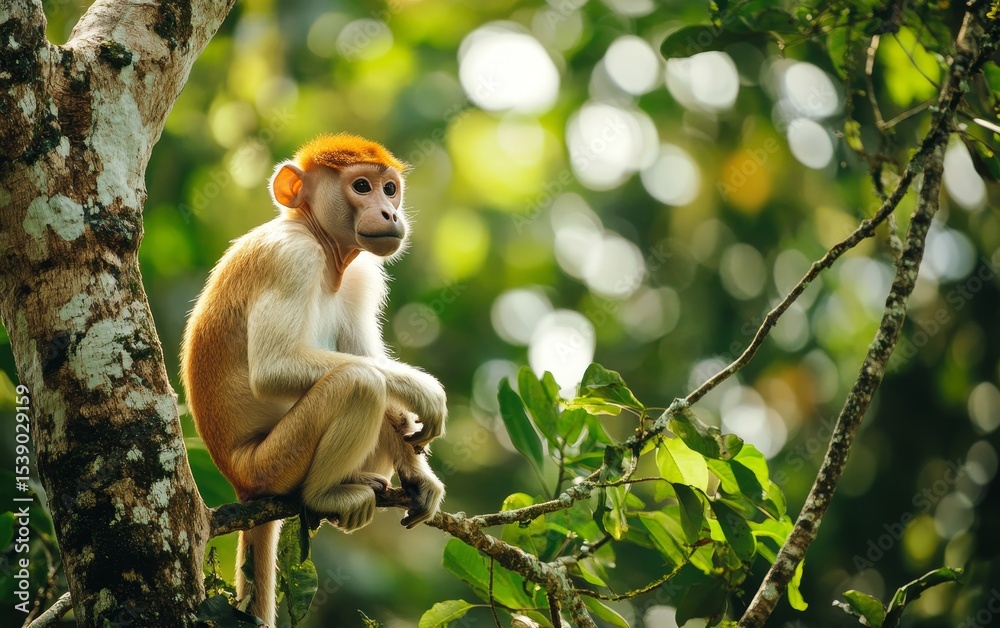 Naklejka premium A young proboscis monkey perches on a tree branch, its distinctive nose and expressive eyes visible against a blurred green forest background