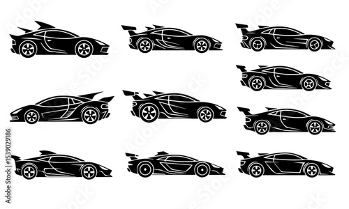 "Collection of Nine Sport Car Silhouettes"
A grid of nine detailed black silhouette icons of modern sport cars, each featuring unique spoilers and aerodynamic designs, showcasing various racing .