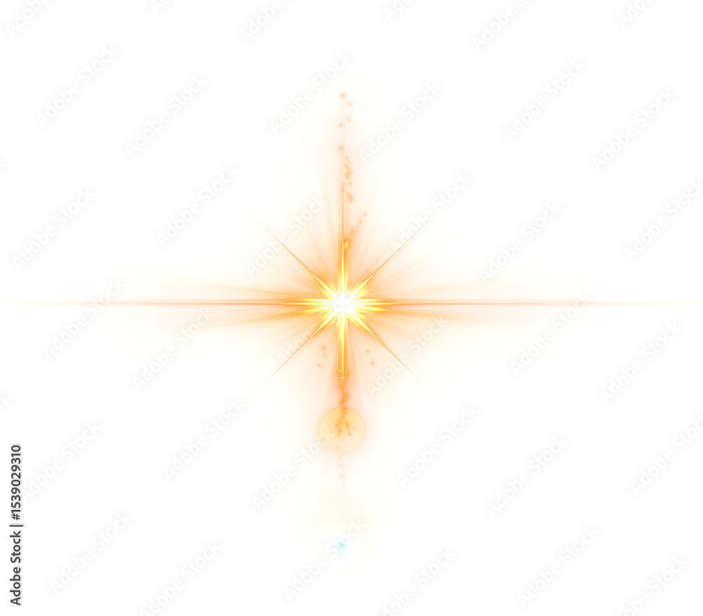 Fototapeta premium PNG yellow light effect with neon glow and bright reflections. Lens flare, spotlight spark, stadium lighting, shiny stars, and glowing sparks on transparent background. Vector illustration