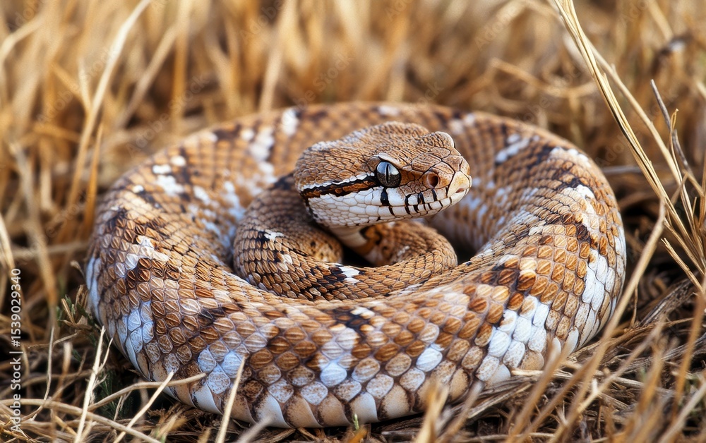 Naklejka premium A rattlesnake coils defensively in dry grass, its patterned scales and watchful eye visible as it blends with the golden vegetation of its arid habitat