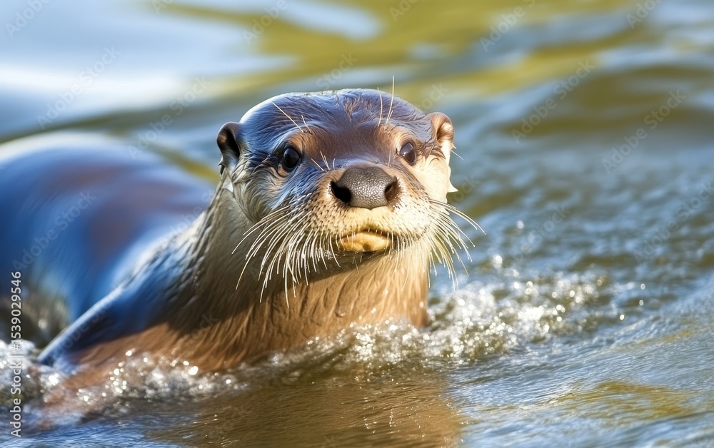 Obraz premium A curious otter swims in crystal clear water, its whiskered face and alert eyes visible above the surface as ripples spread around its sleek body