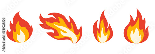 Vector bright burn flame icon set isolated on white background. Hot fire flat clipart collection. Burning fireball signs
