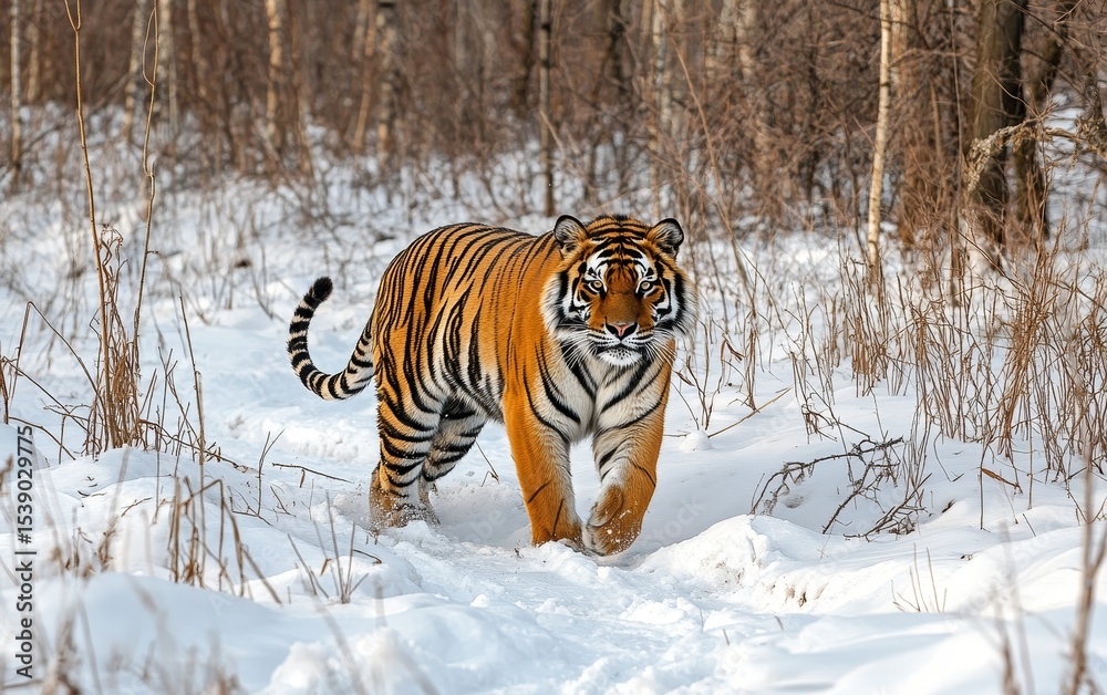 Obraz premium A majestic Siberian tiger walks through a snow-covered winter forest, its orange and black stripes contrasting sharply with the white landscape