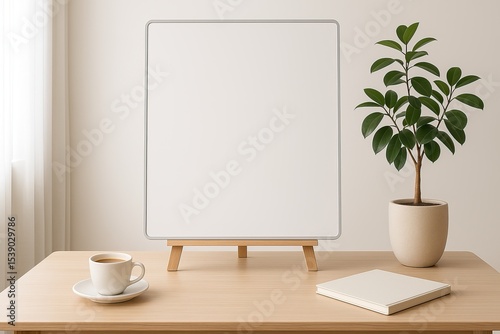 Wallpaper Mural Minimalist workspace featuring an easel with blank canvas and coffee cup on a wooden table Torontodigital.ca