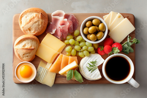 Gourmet breakfast platter with assorted cheeses, cold cuts, olives, bread rolls, fruits, herbs, a raw egg yolk and a cup of black coffee on a wooden board