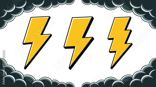 Three yellow lightning bolts with dark clouds cartoon vector illustration weather storm thunderbolt bolt power 100 editable stock vector illustration