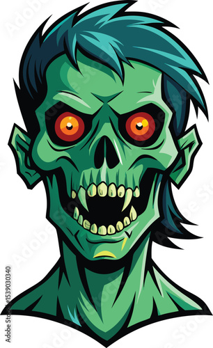 Cartoon Zombie Head with Glowing Eyes and Green Skin Illustration