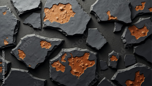 A close-up, high-definition shot of a rustic stone wall, featuring irregularly shaped, dark charcoal grey and weathered, earthy orange stones. The texture of the individual stones is highly visible.