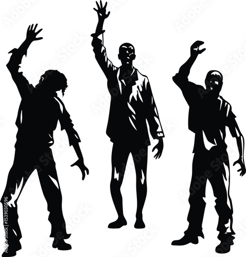 Three Zombie Silhouettes Reaching Upward on a White Background