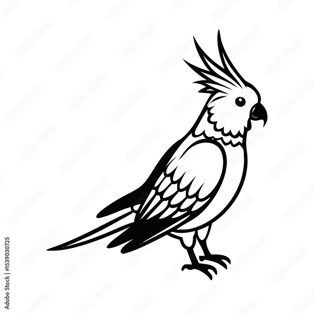 Obraz premium Cockatiel Parrot Line Art – Tropical Bird Outline Vector for Coloring Pages, Tattoo Design, Wildlife Clipart, Exotic Animal Icon, Black and White Drawing