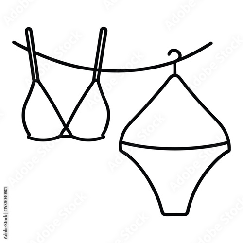 Women's bra and panties hanging on a rope. Swimwear or underwear, lingerie hanging and drying. Hand drawn modern Vector illustration