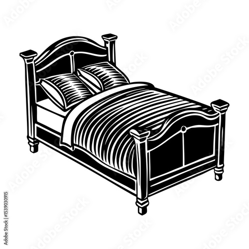 Find your perfect bedroom furniture: illustration of a classic bed frame with pillows and blanket