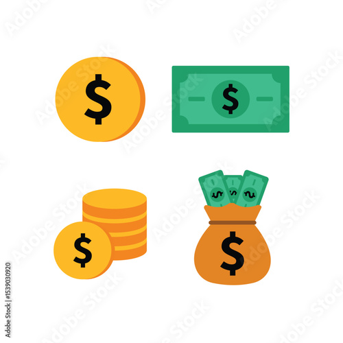 Flat Design Money Icons – Coins, Cash, and Money Bag Illustrations