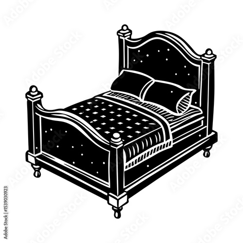 Find comfortable bedroom furniture: black and white bed frame, mattress, pillows, and bedding set