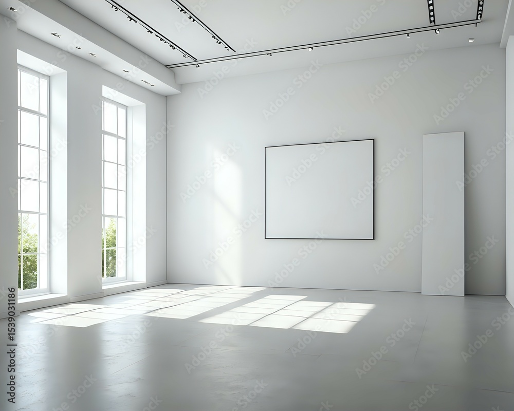 Obraz premium Modern Minimalist Gallery Interior Design White Room with Large Windows and Blank Canvas