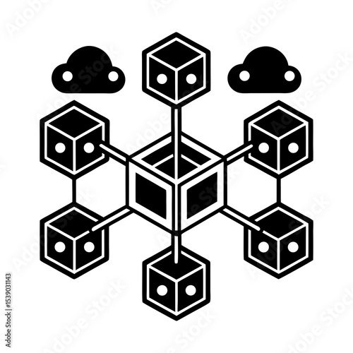 Cloud computing network blockchain technology, distributed ledger and data storage system vector icon