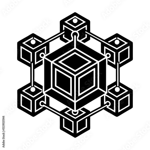Blockchain network technology concept, decentralized system with connected cubes and nodes diagram