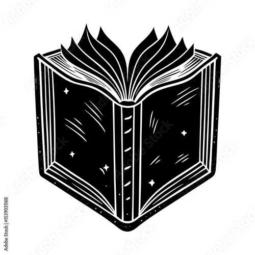 Open book illustration vector, vintage book drawing, educational reading material, black and white art