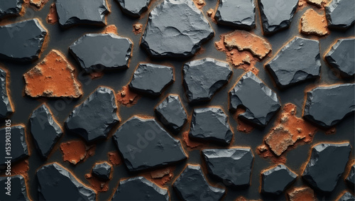 A close-up, high-definition shot of a rustic stone wall, featuring irregularly shaped, dark charcoal grey and weathered, earthy orange stones. The texture of the individual stones is highly visible.