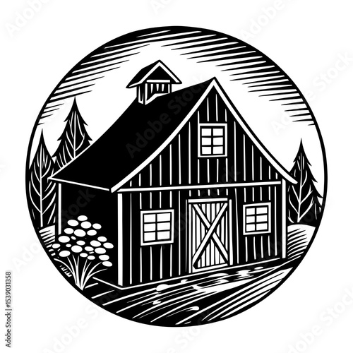Black and white vintage barn illustration farmhouse landscape vector graphic design element isolated art