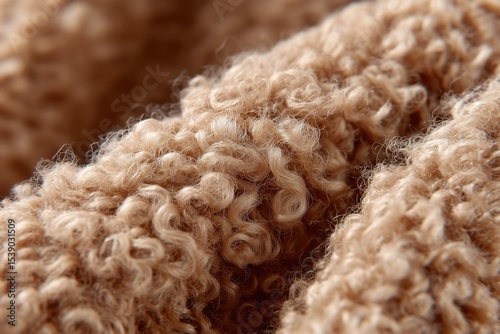 Close-up of curly beige wool fabric with soft texture and springy fiber loops. Macro shot capturing warm textile surface and detailed natural curls.