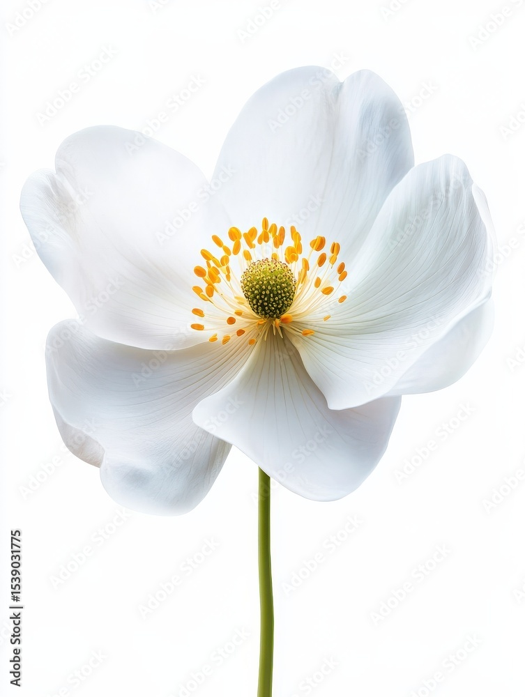 Obraz premium Delicate White Flower Blooming with Bright Yellow Stamens in a Lush Green Natural Environment Exuding Beauty and Tranquility isolated on a white background